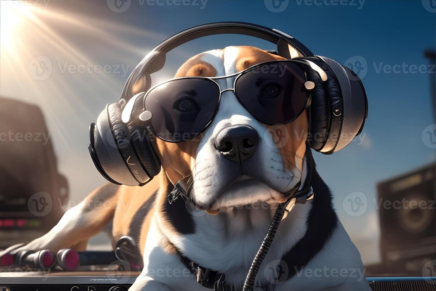 Dj Beagle with sunglasses and headphones. photo
