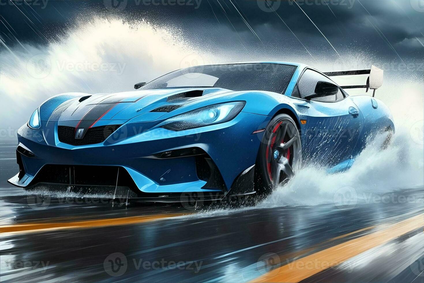 Sports car speeding through a storm. AI Generated photo