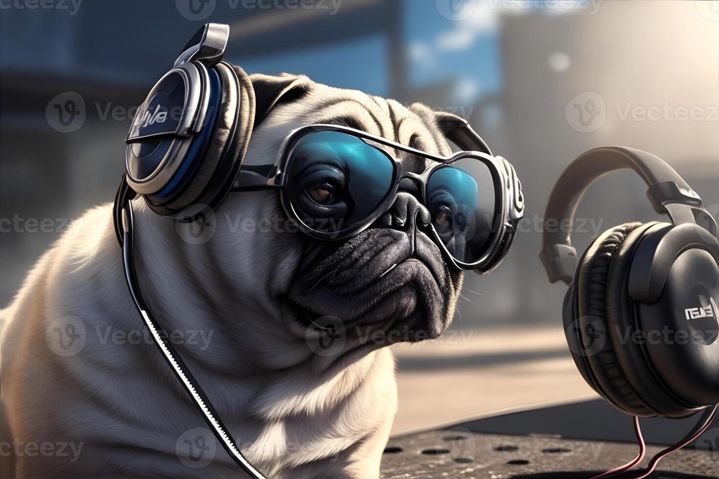 Dj pug with sunglasses and headphones playing music. AI Generated photo