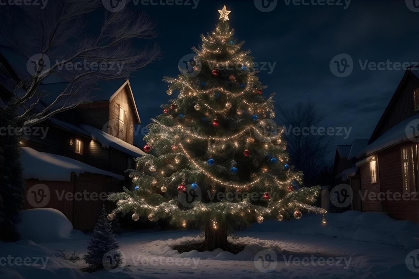 Decorated Christmas tree outdoor at night. AI Generated photo