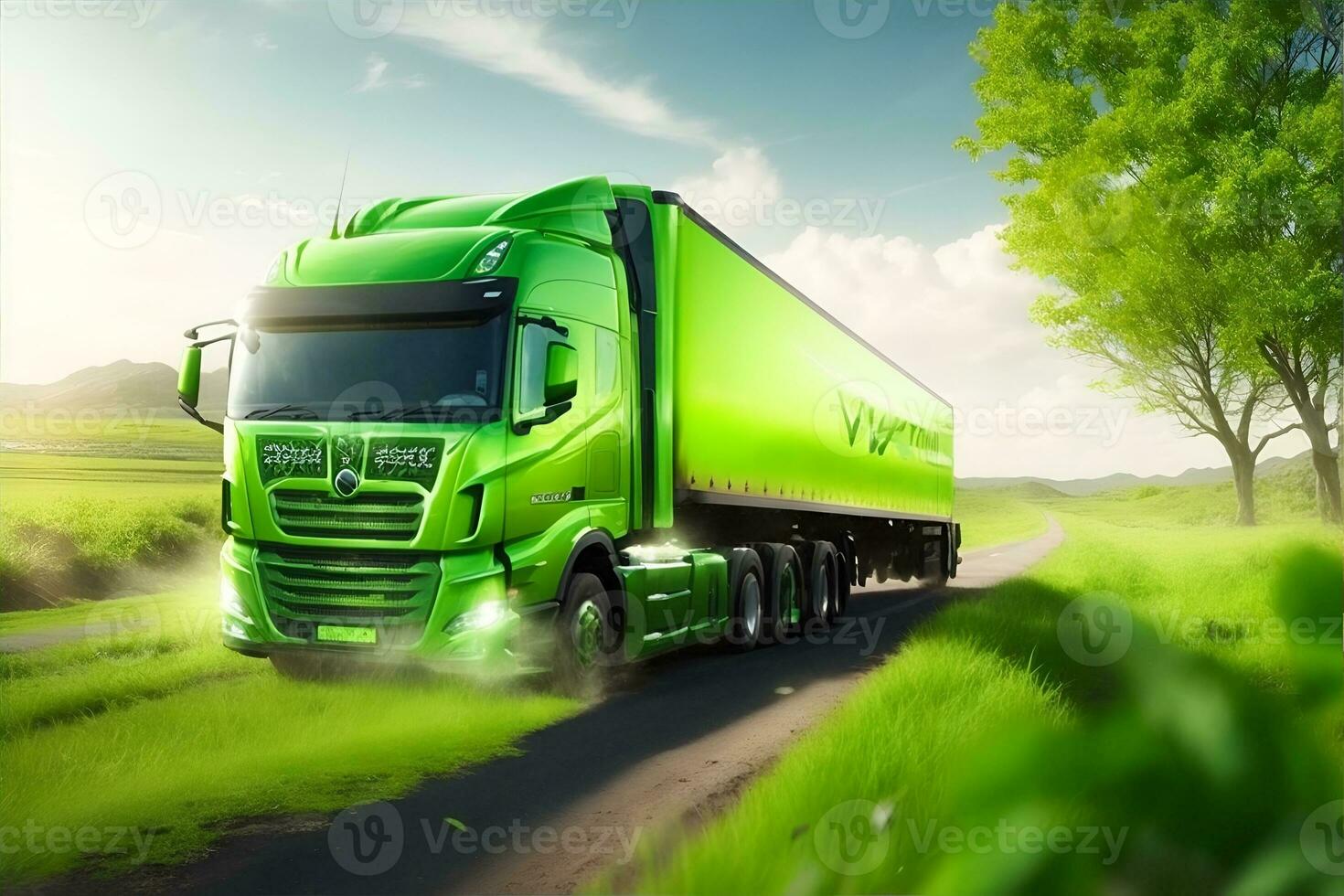 eco simpático transporte concepto con verde camión. ai generado foto