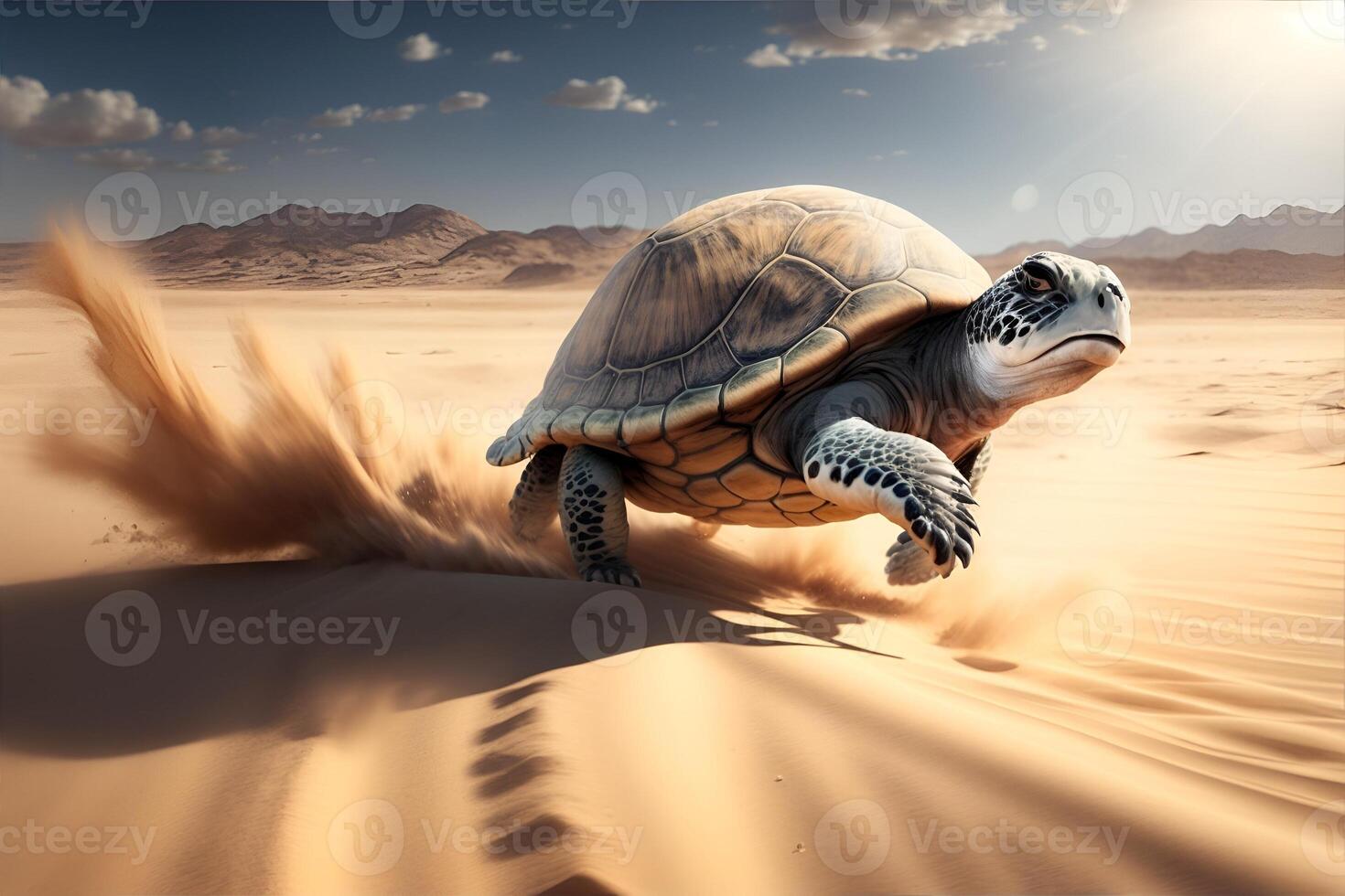 Fast turtle running at full speed in the desert. photo
