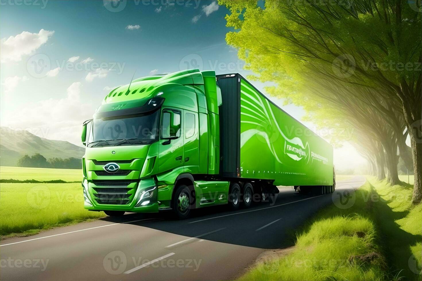 Eco friendly transportation concept with Green truck. AI Generated photo