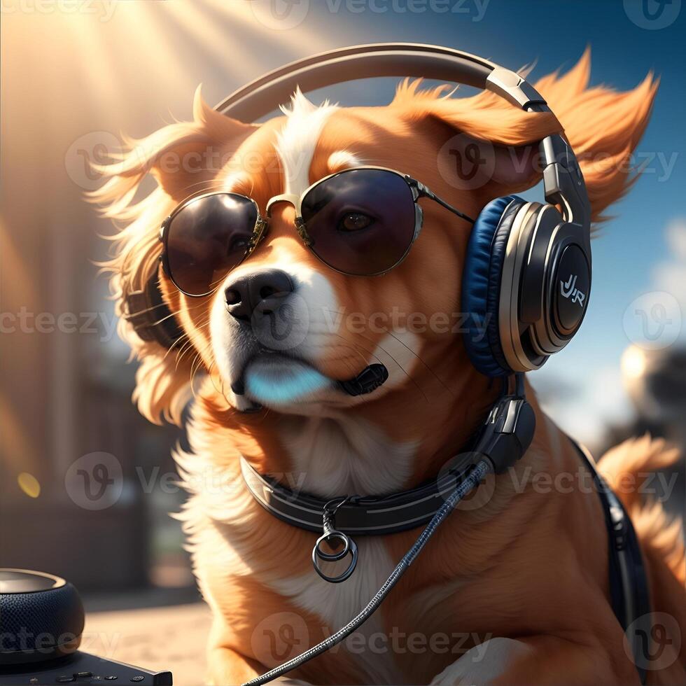 Ginger dj dog with sunglasses and headphones playing music. photo
