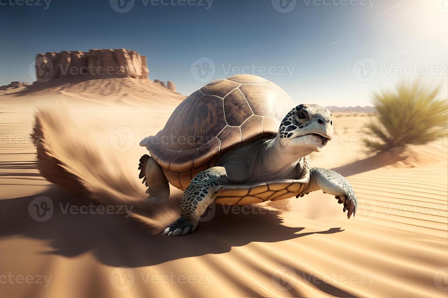 Fast turtle running at full speed in the desert. photo