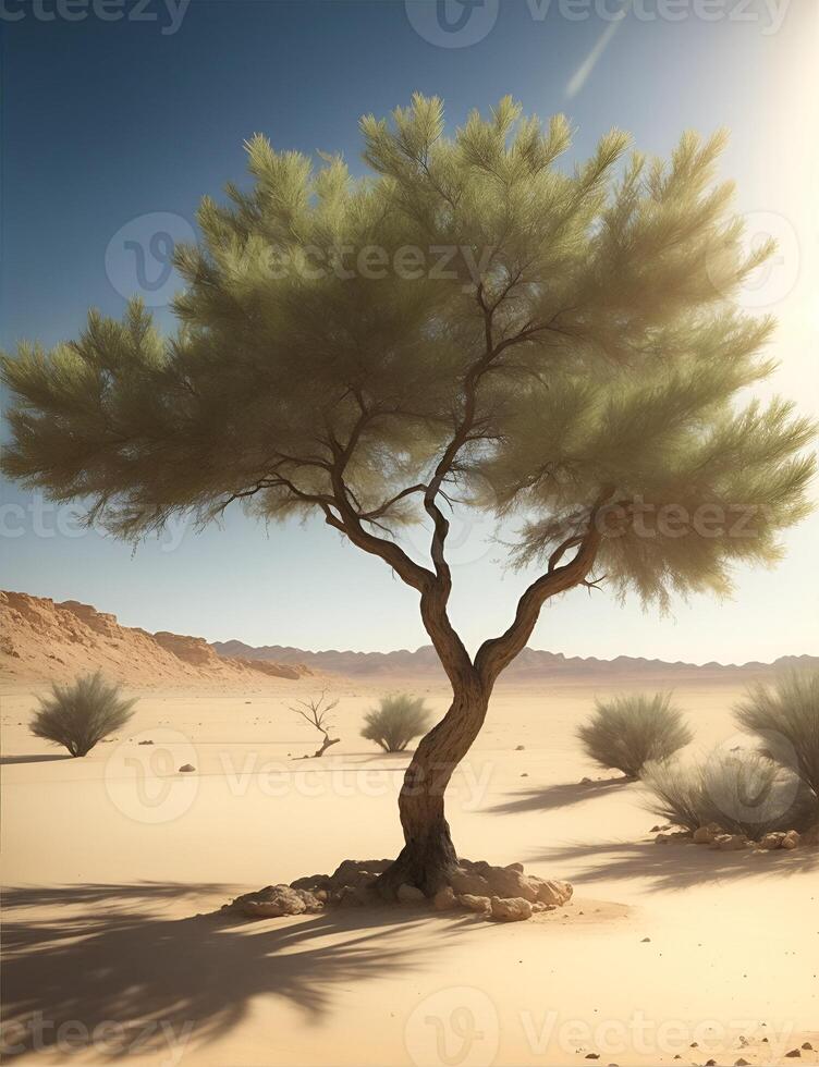 soltero verde árbol en el desierto. ai generado foto