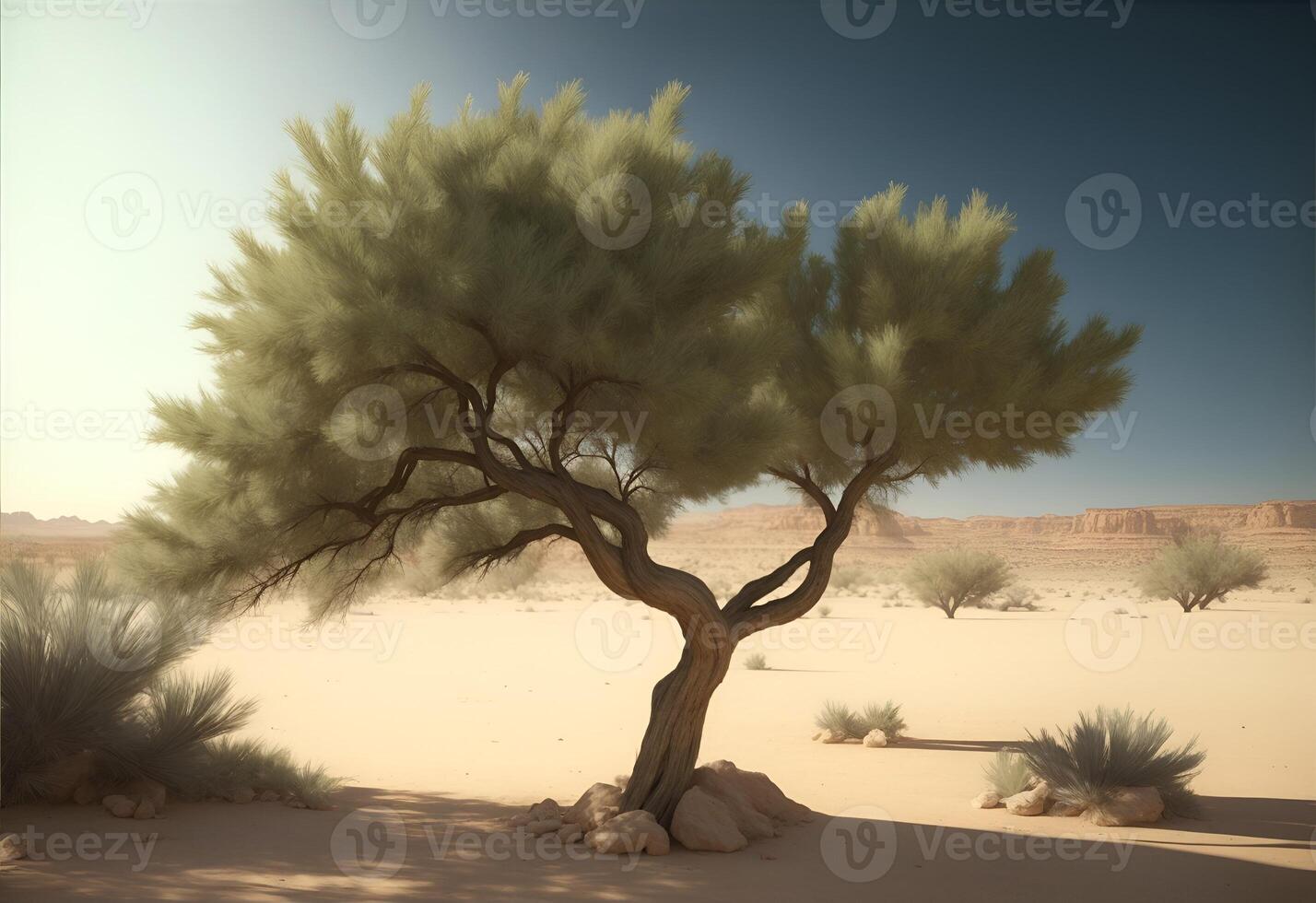 soltero verde árbol en el desierto. ai generado foto