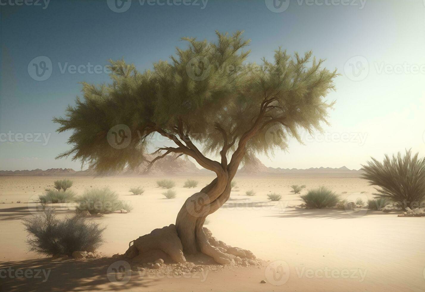 soltero verde árbol en el desierto. ai generado foto