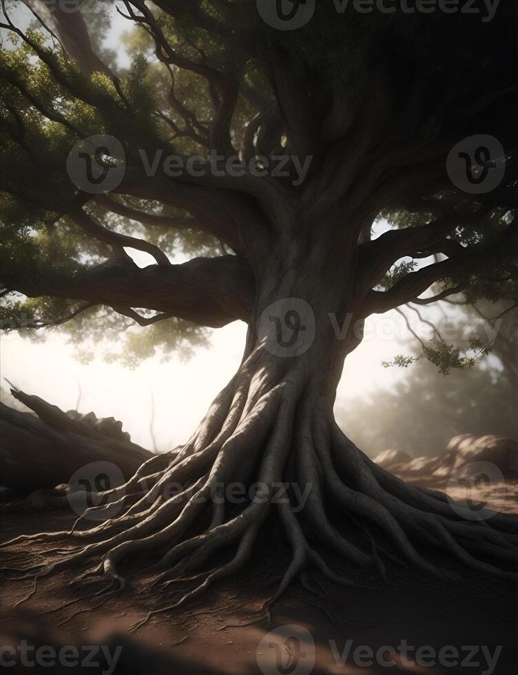 Tree with roots. AI Generated photo