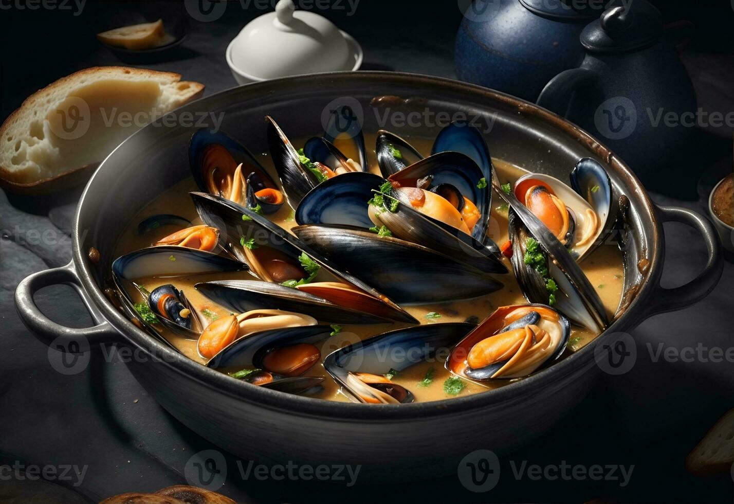 Top view of a casserole of traditional French mussels. AI Generated photo