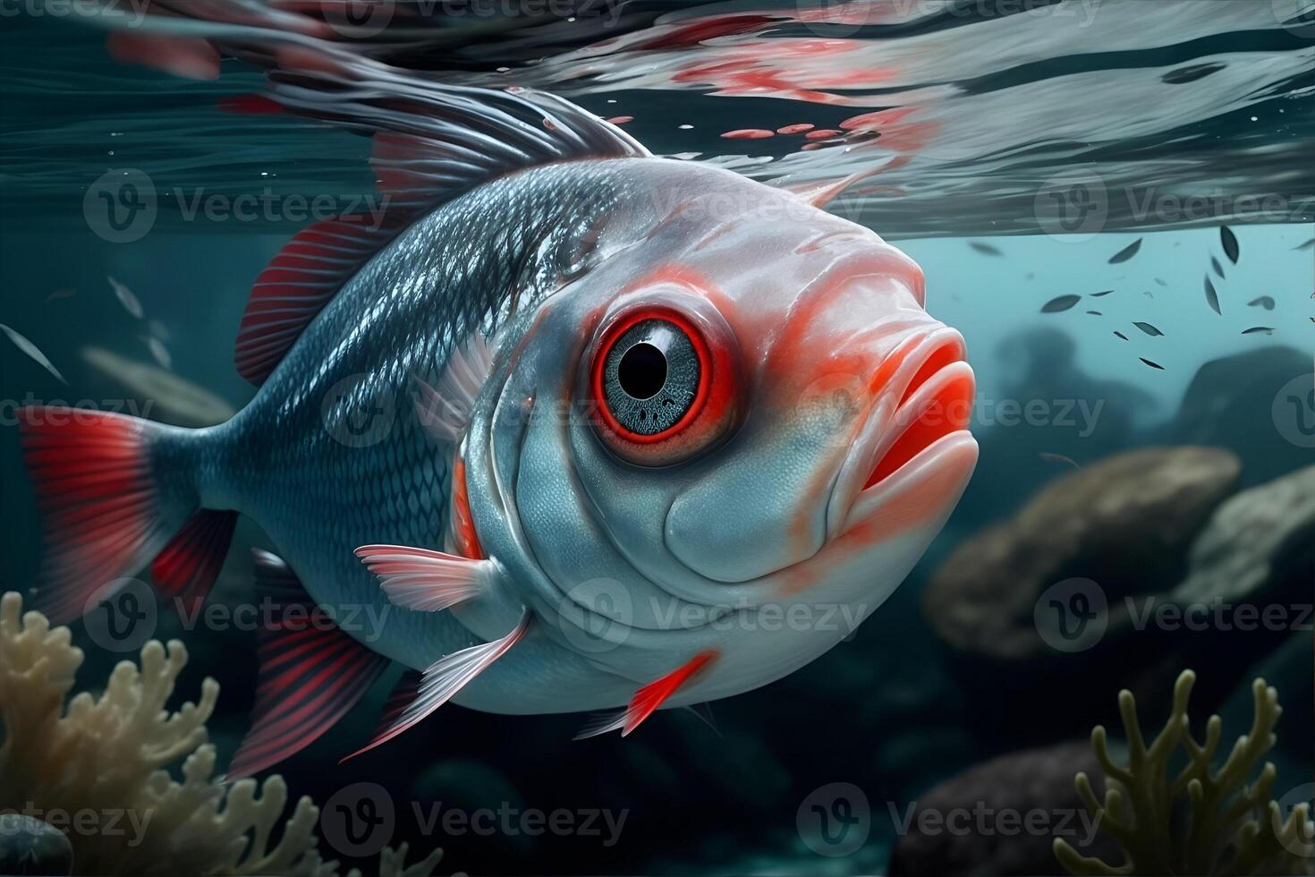 A fish with a red eye and a red eye is in the water. AI Generated photo