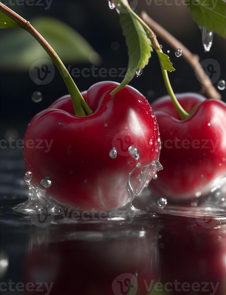 Photo closeup two fresh juicy cherries with water drop. AI Generated