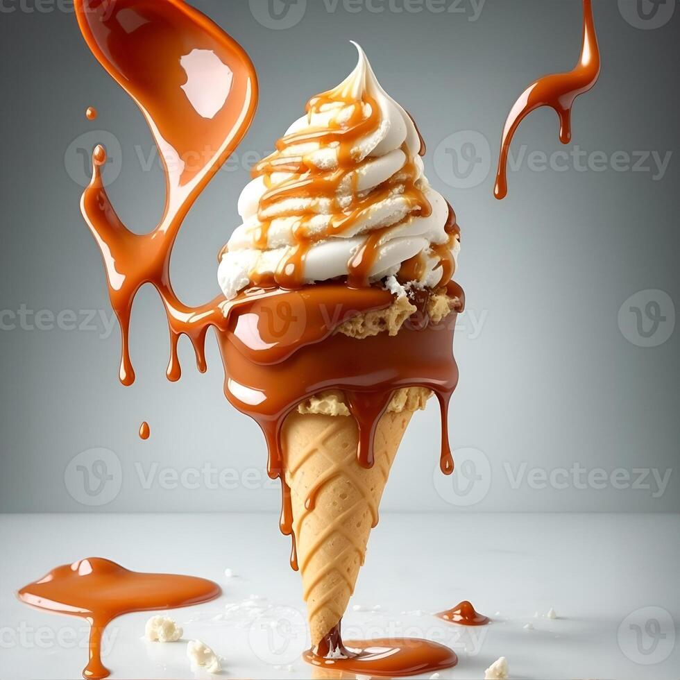 foto derritiendo hielo crema cono con dulce caramelo. ai generado