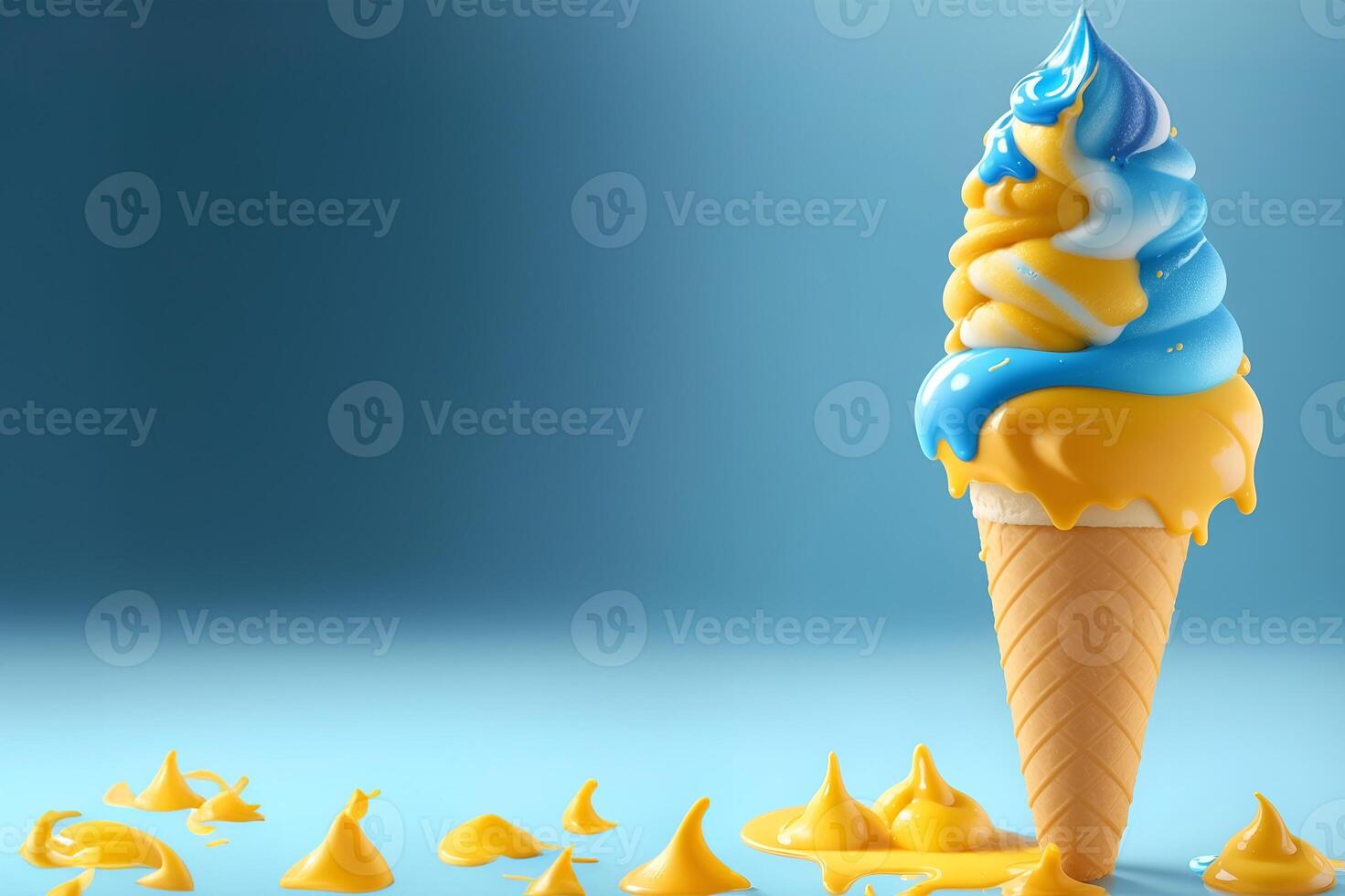 Photo melting ice cream cone with sweet yellow and blue caramel. AI Generated