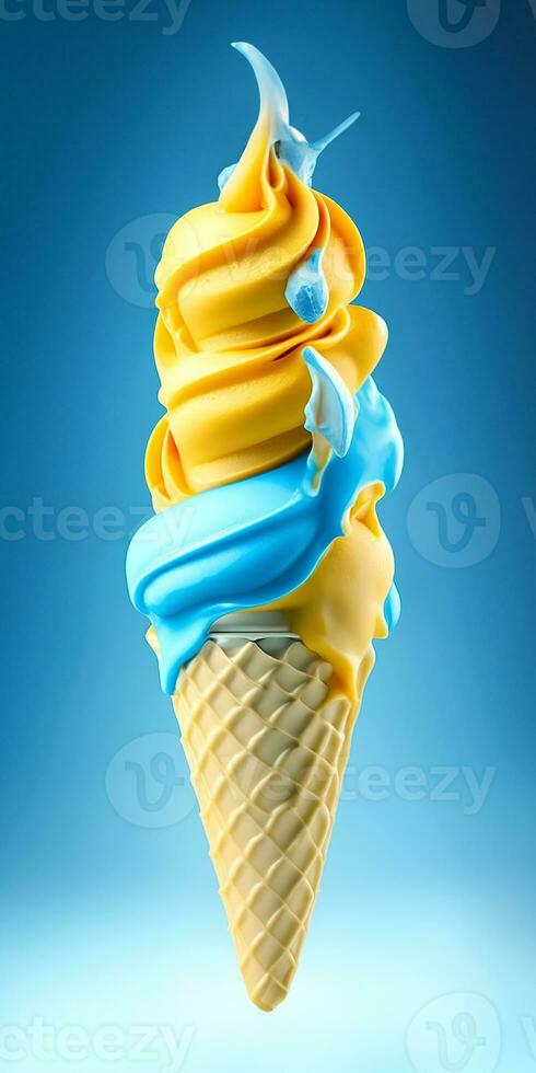 Photo melting ice cream cone with sweet yellow and blue caramel. AI Generated