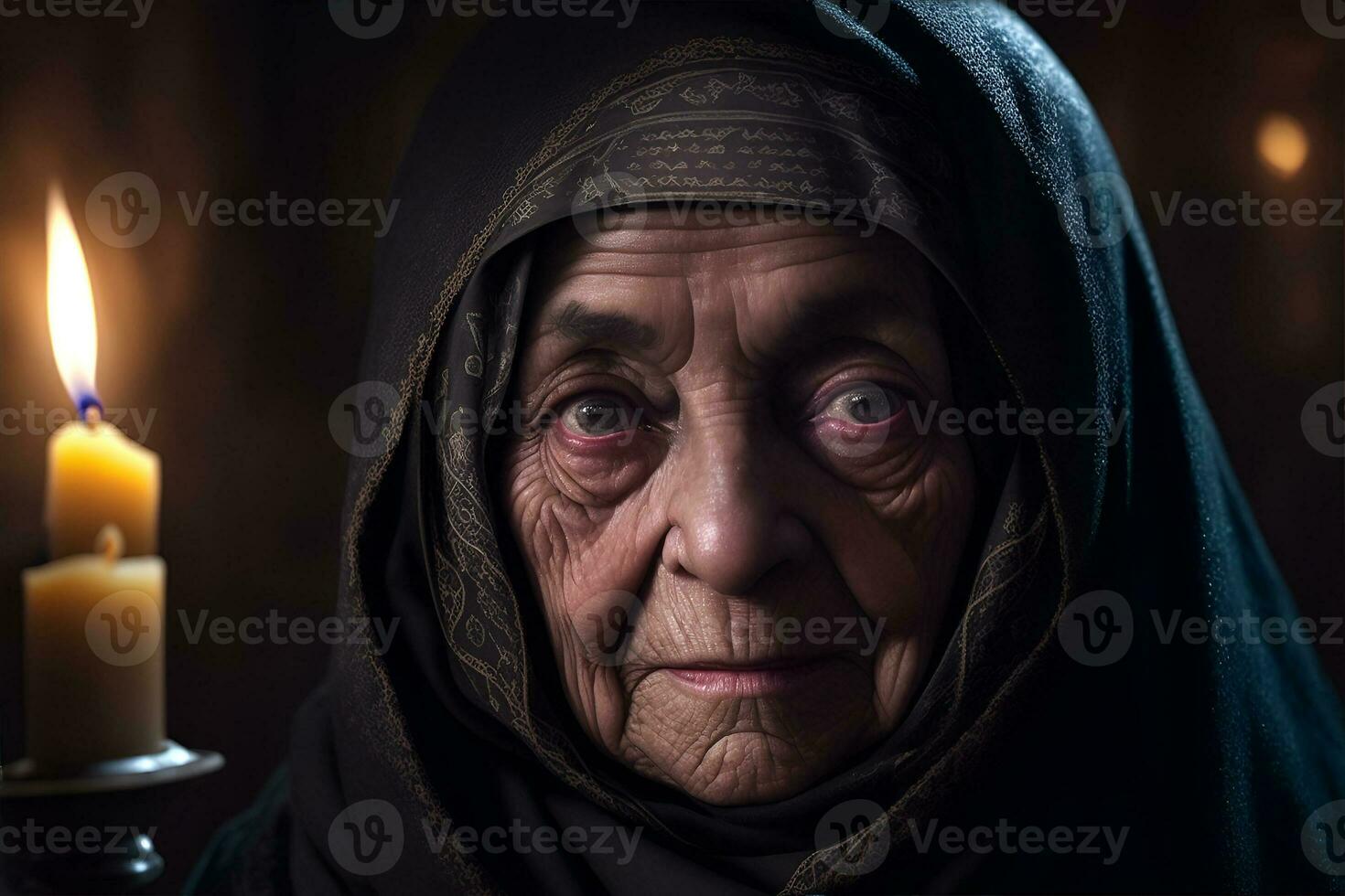 A portrait of a very old woman in a black burqa. AI Generated photo
