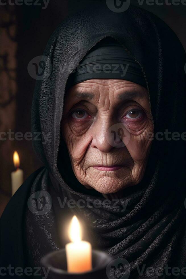 un retrato de un muy antiguo mujer en un negro burka ai generado foto