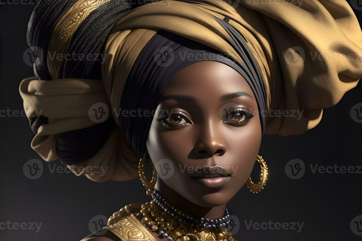 negro mujer en africano turbante en estudio antecedentes. ai generado foto