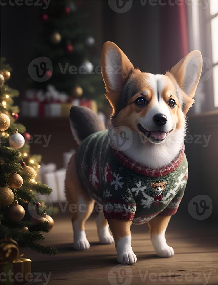 Corgi in Christmas pullover. AI Generated photo