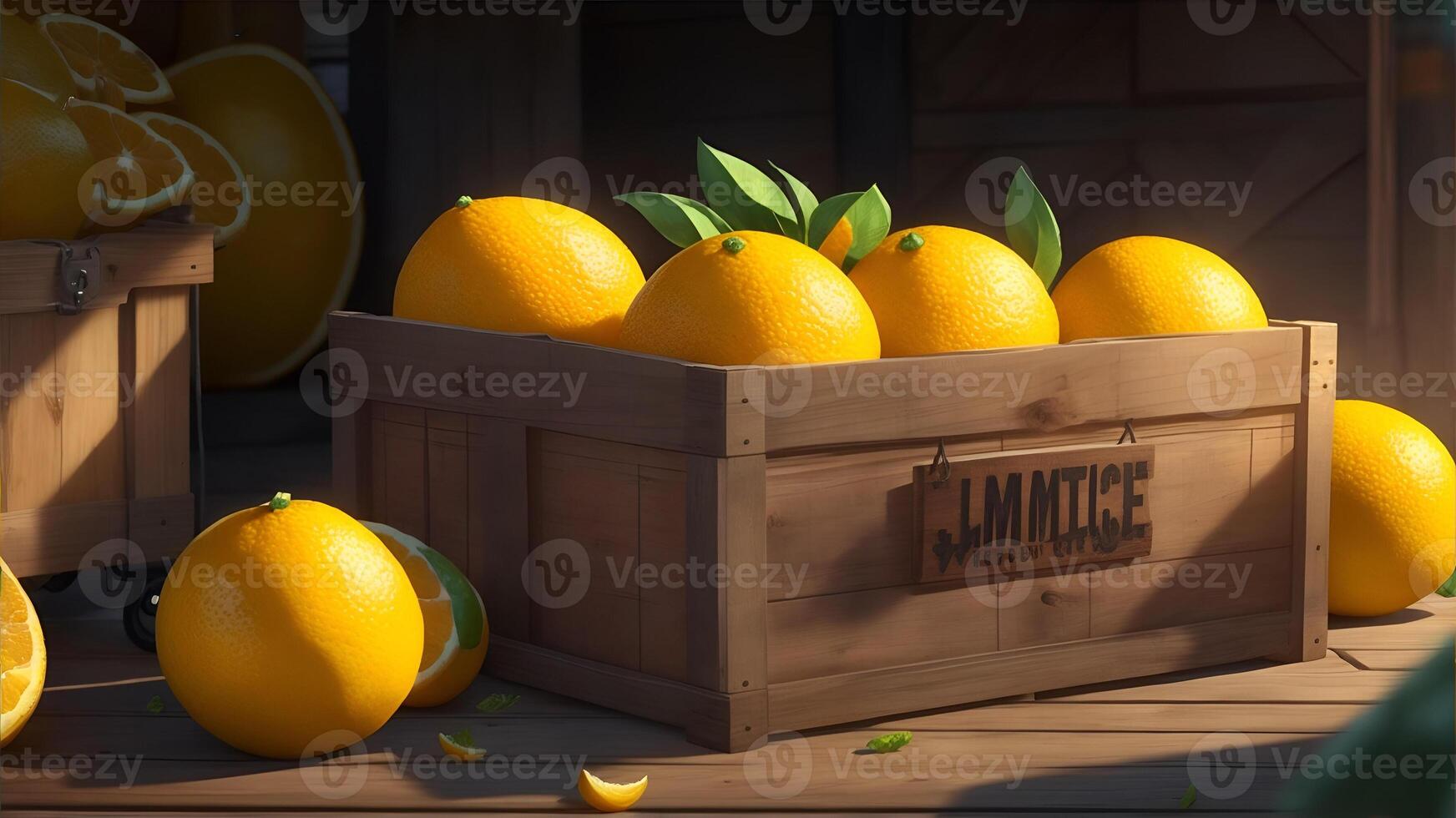 Juicy citrus fruits in a rustic crate. AI Generated photo