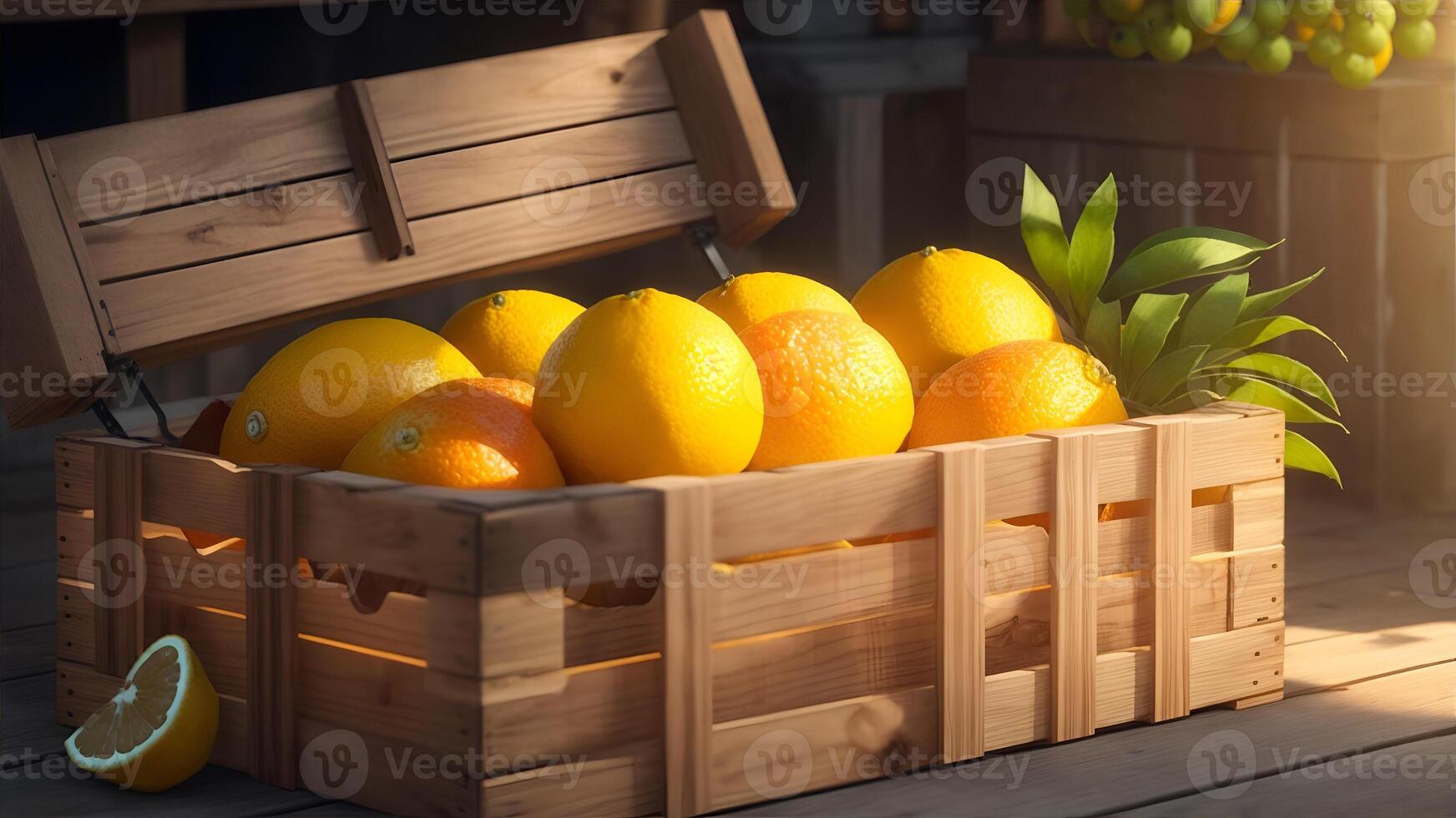 Juicy citrus fruits in a rustic crate. photo