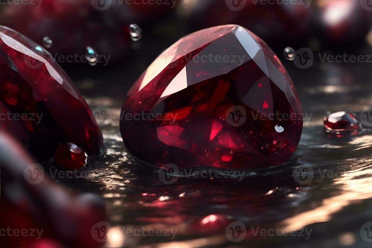 Photo closeup red Garnet with water drops. AI Generated