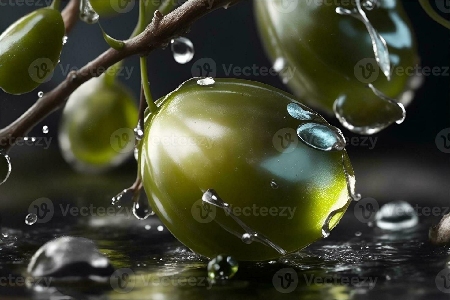 Photo closeup olives with water drops. AI Generated
