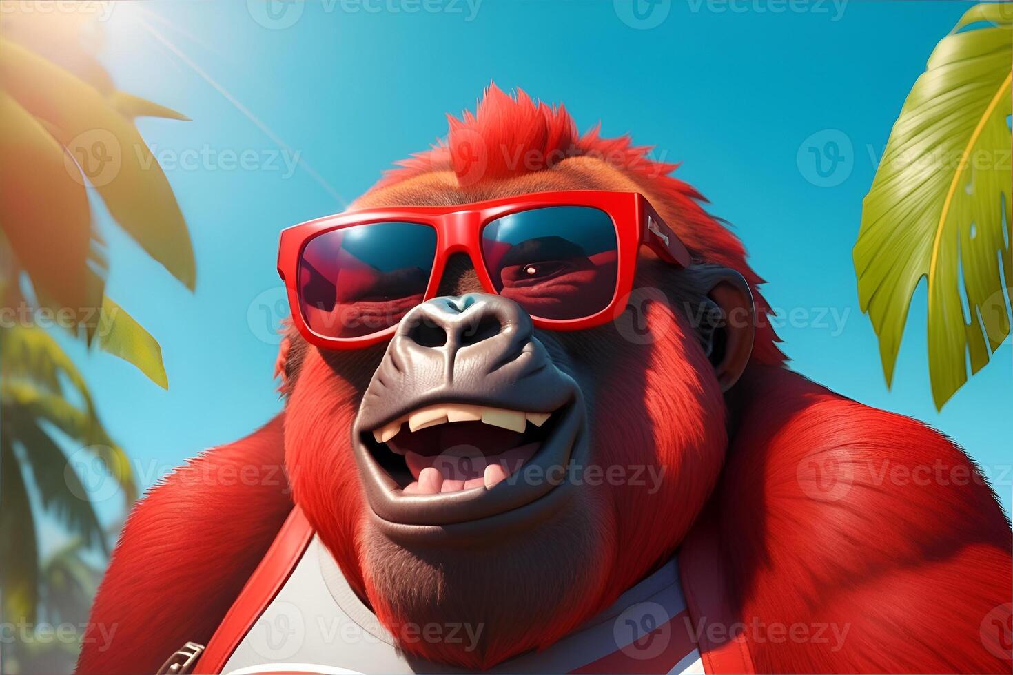 gracioso gorila con sonriente cara en rojo Gafas de sol. ai generado foto