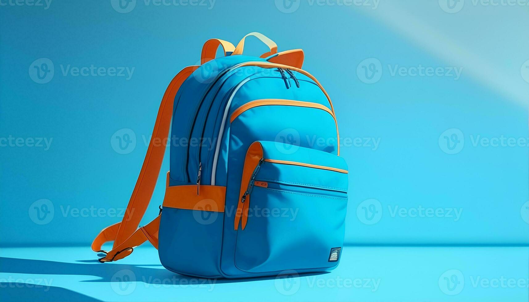 azul mochila en azul antecedentes. espalda a escuela. ai generado foto