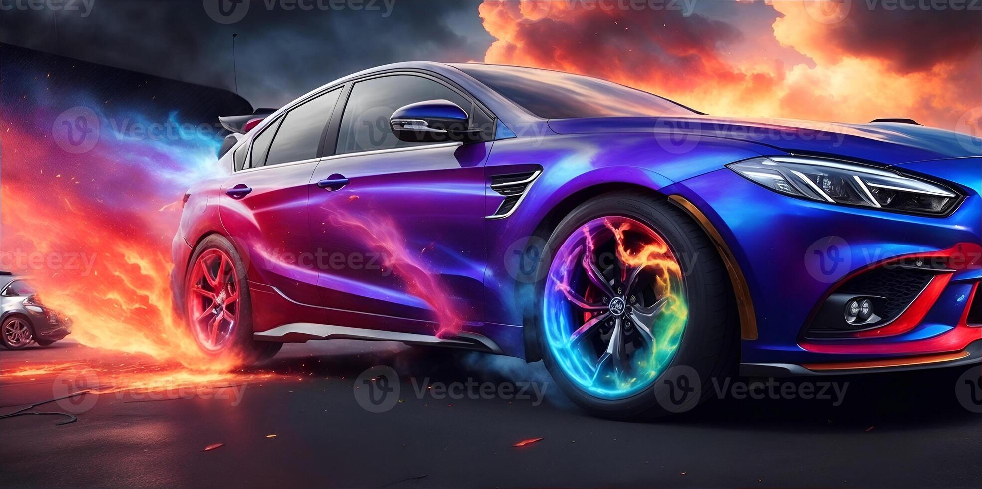 Aerography on car side colorful fire image banner. photo