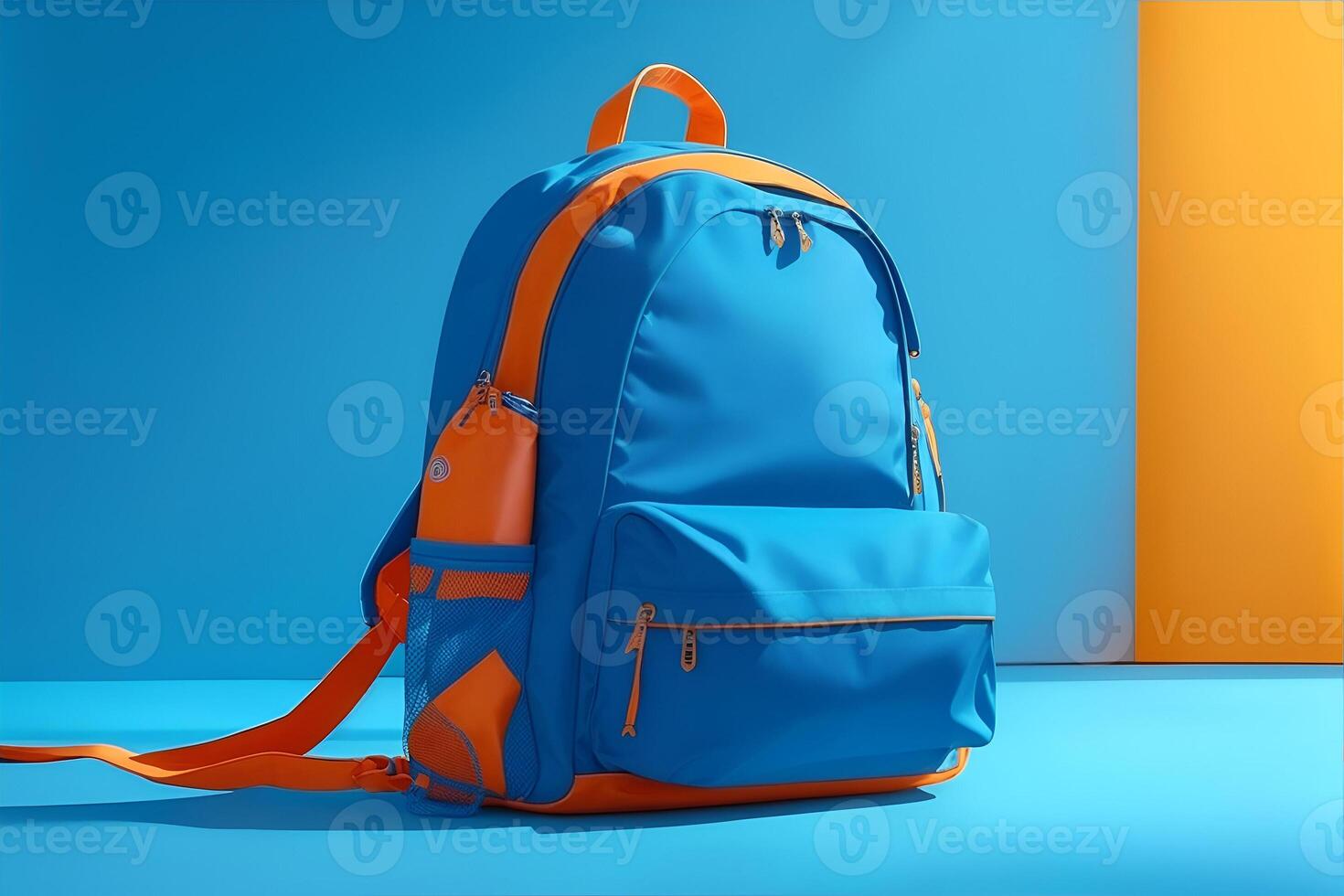 Blue backpack on blue background. Back to school. photo