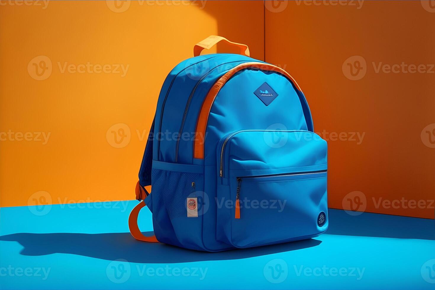 Blue backpack on orange background back to school. photo