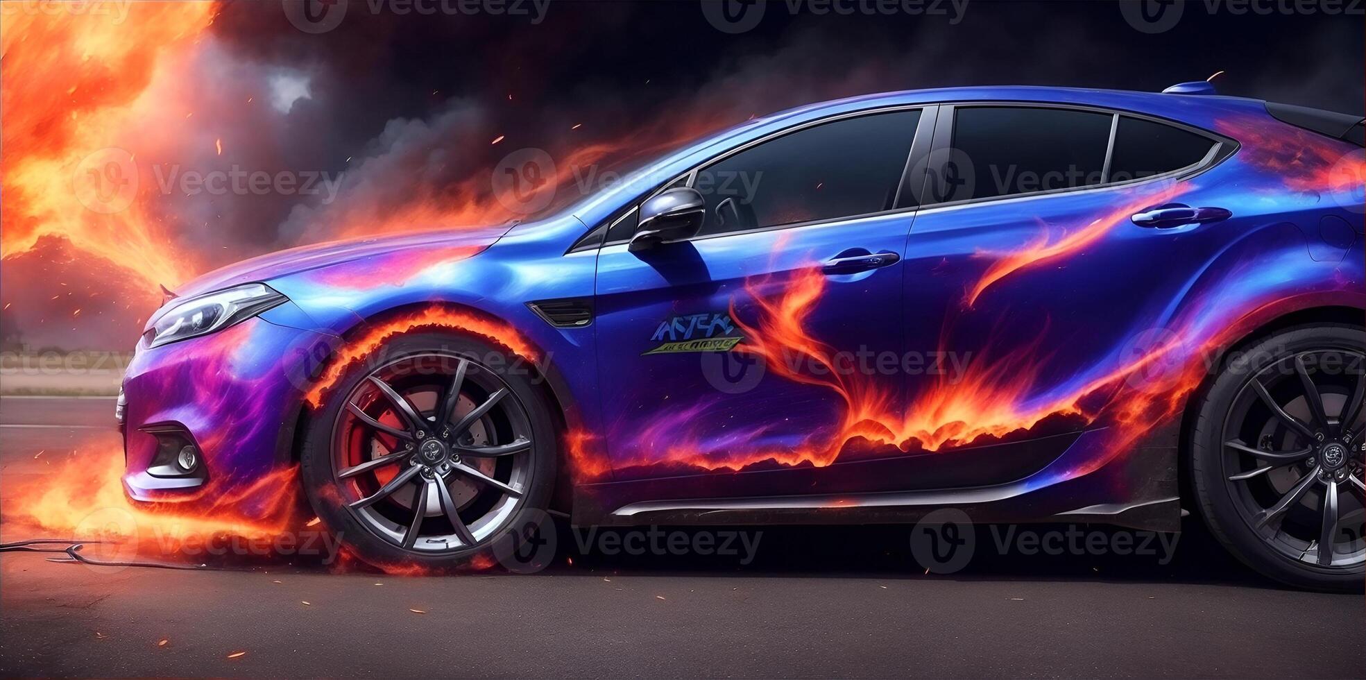 Aerography on car side colorful fire image banner. photo