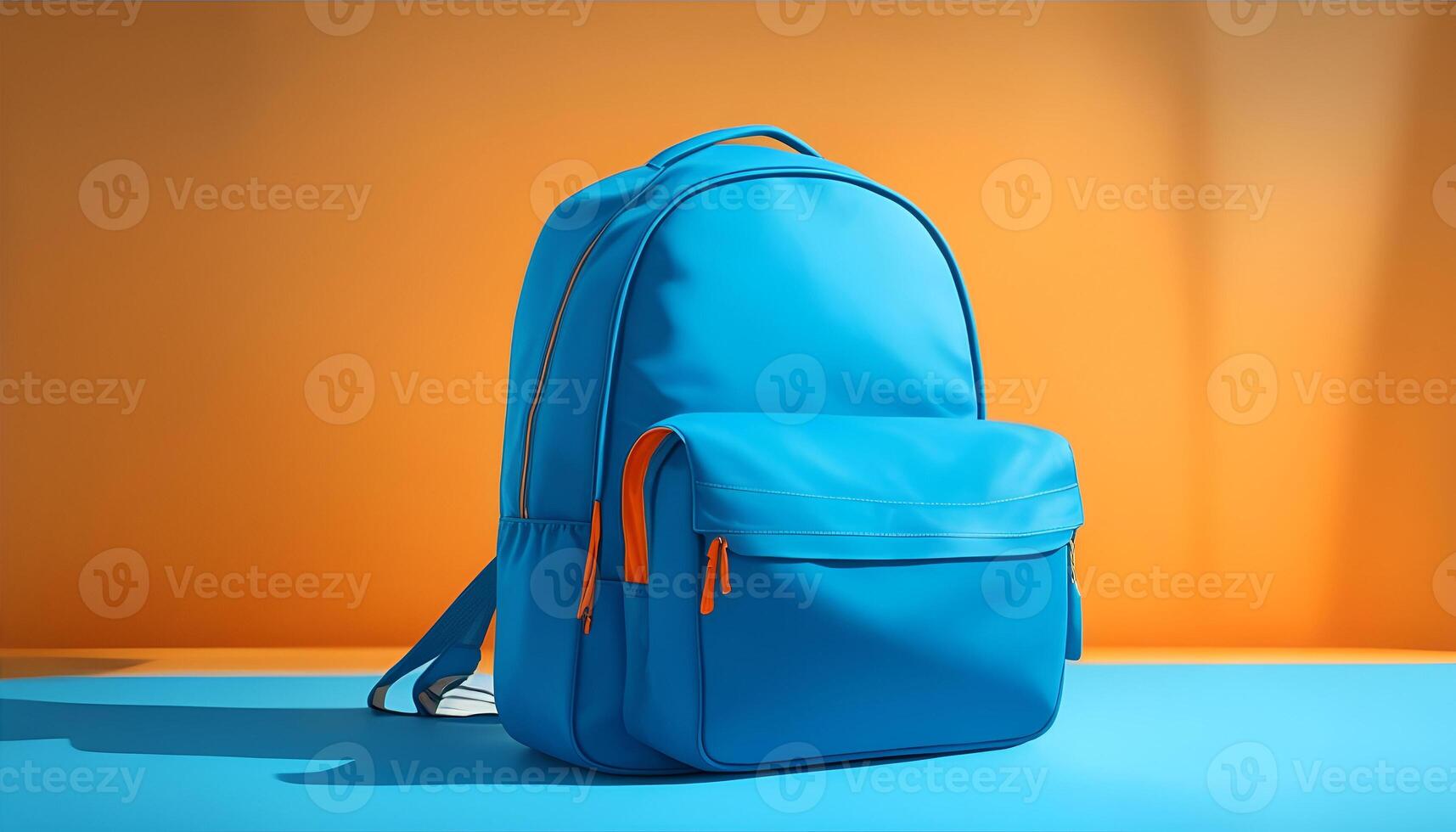 Blue backpack on orange background back to school. photo