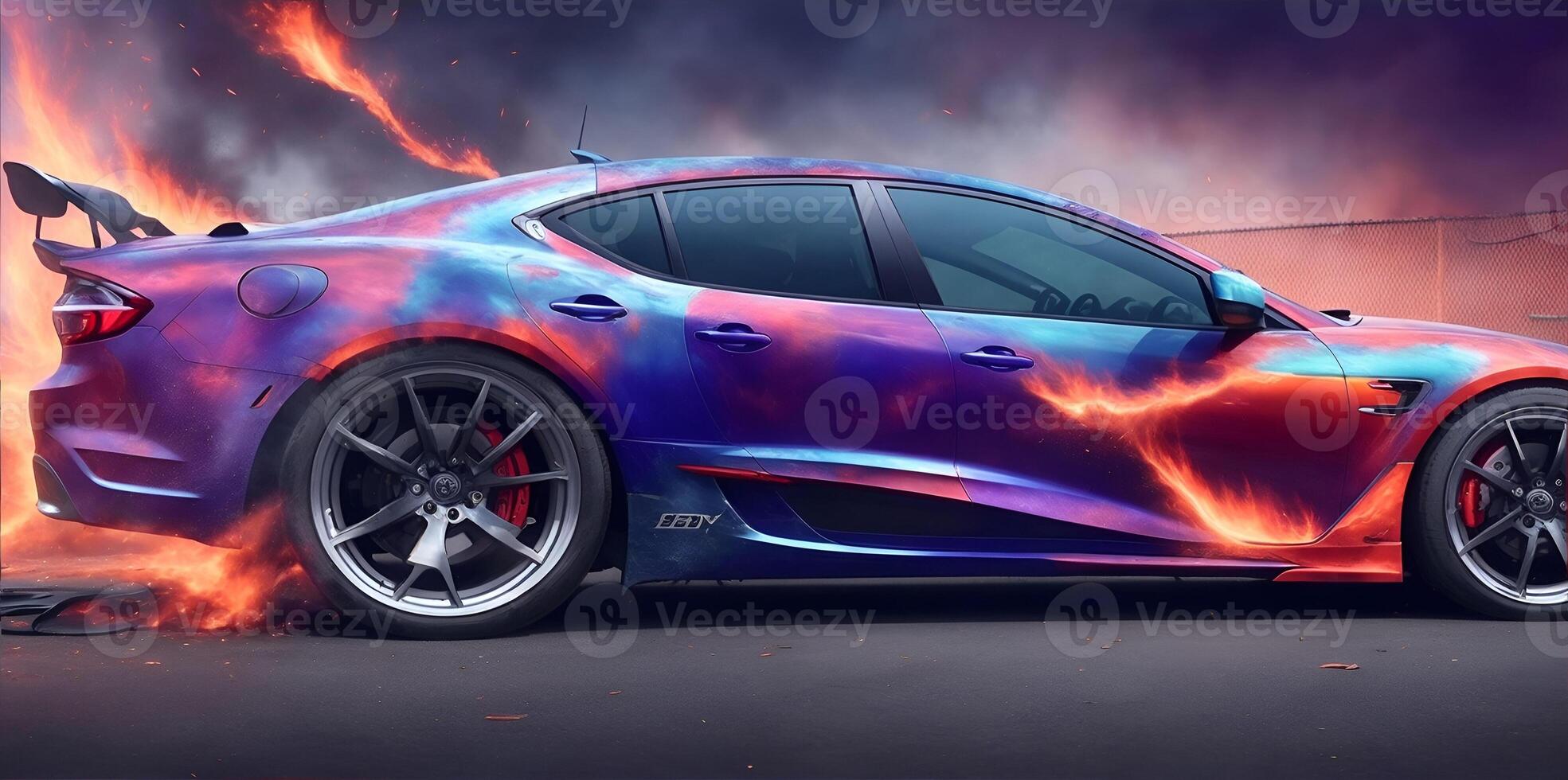 Aerography on car side colorful fire image banner. photo