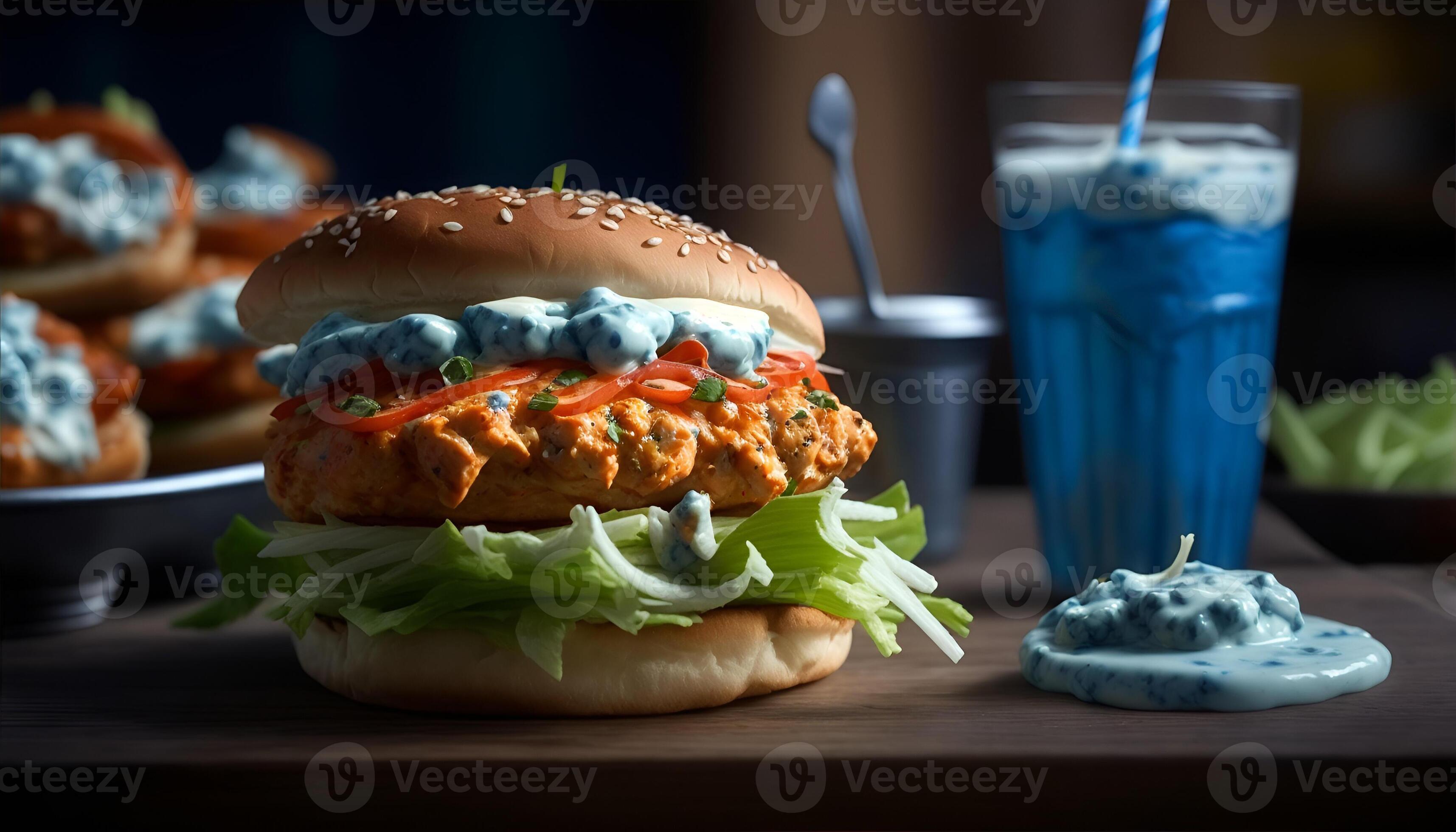 Buffalo chicken burger with blue cheese dressing. AI Generated 25473457