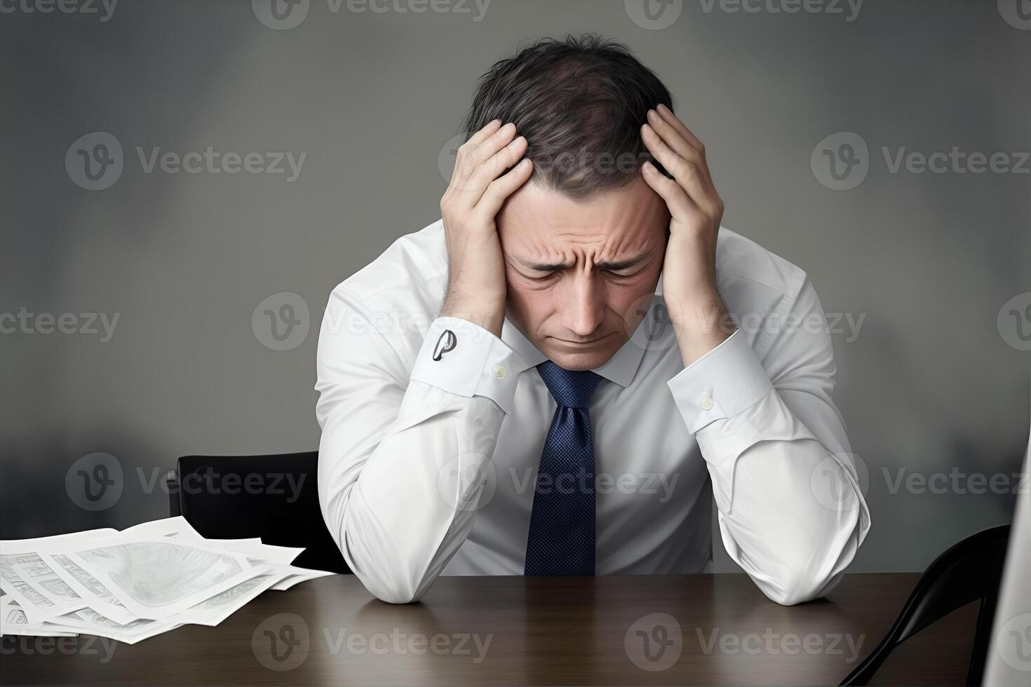 Businessman sits at a table with his head in his hands. Stress. photo