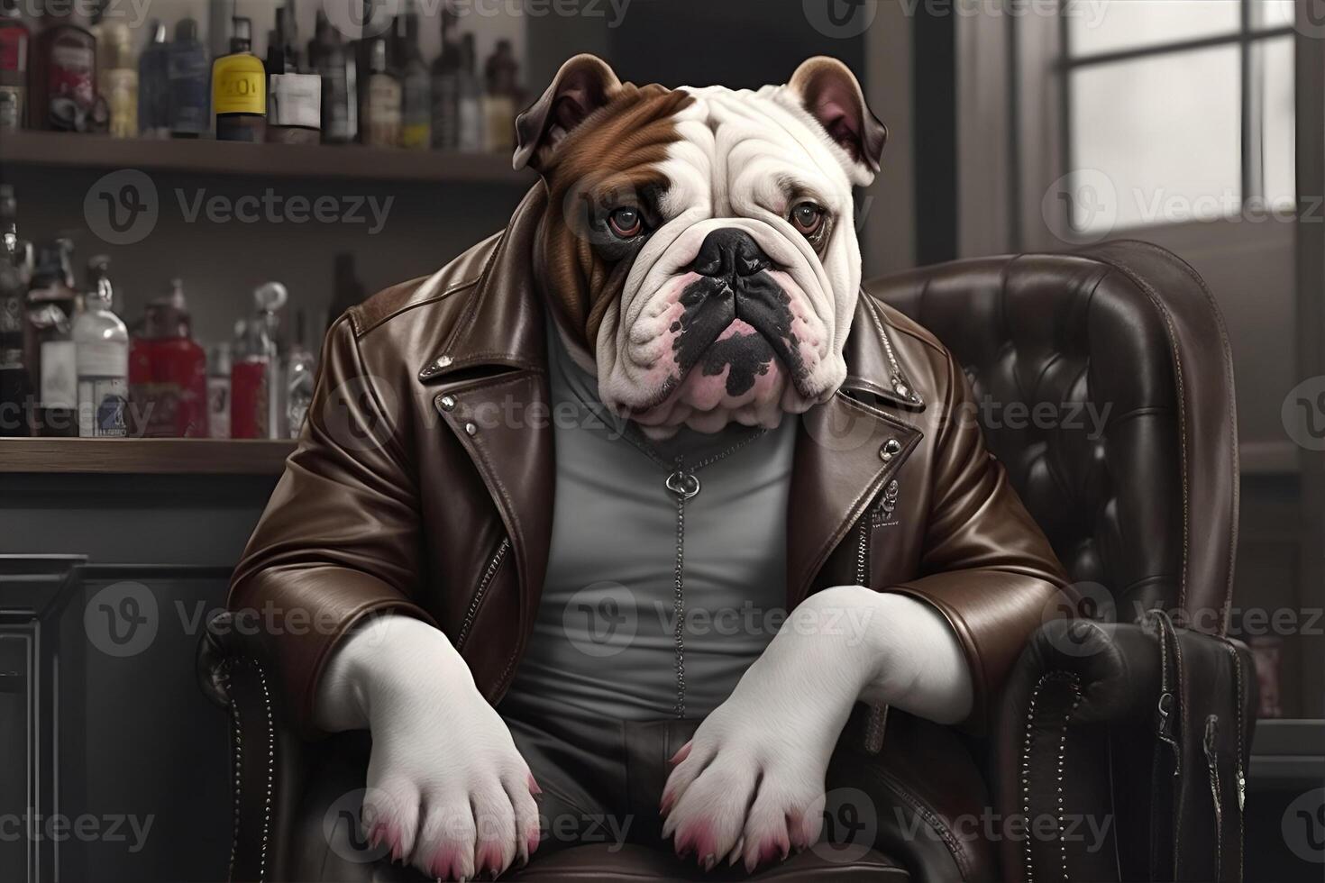 Bulldog dressed in a leather jacket sitting in a chair. photo