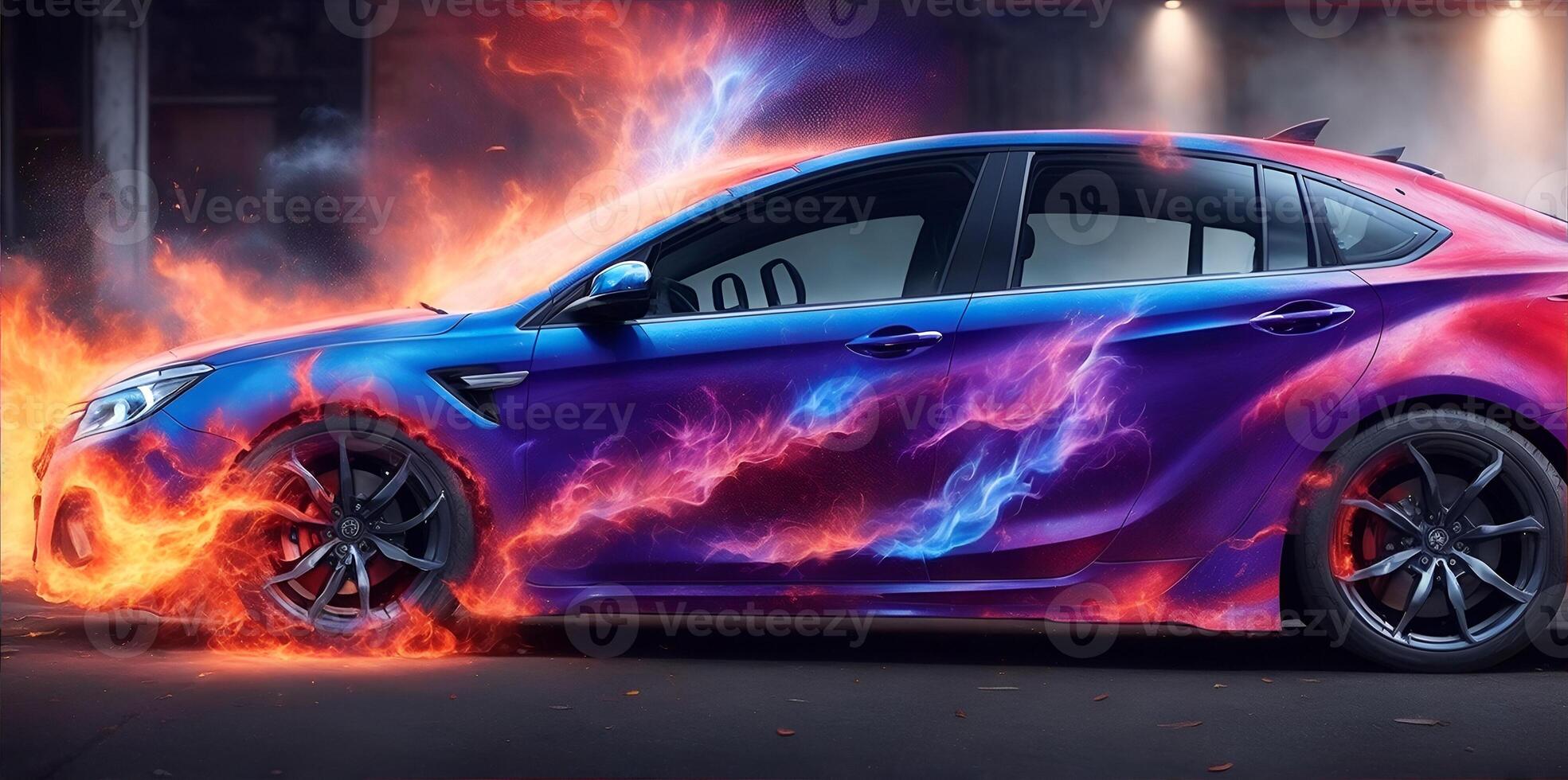 Aerography on car side colorful fire image banner. AI Generated photo