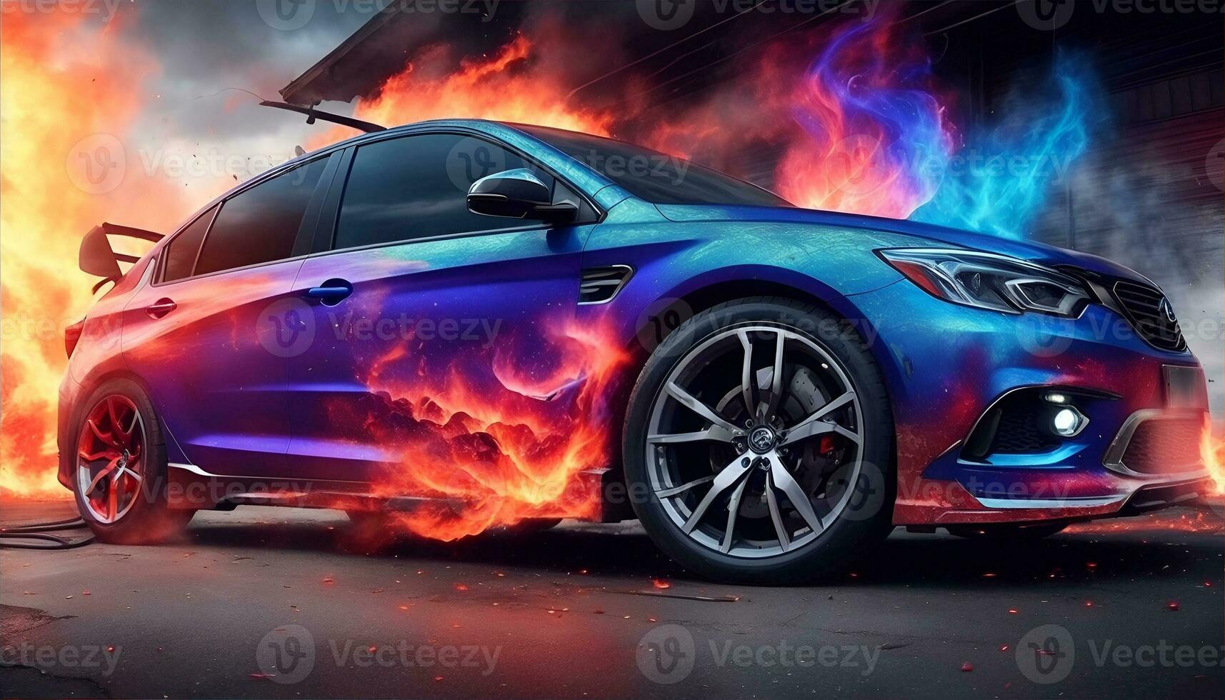 Aerography on car side colorful fire image banner. AI Generated photo