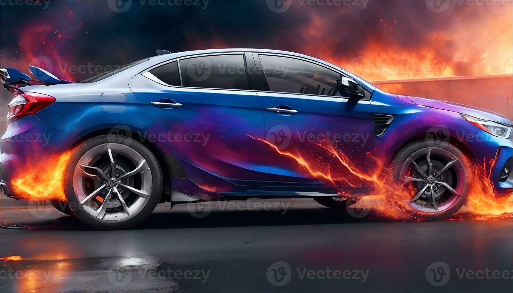 Aerography on car side colorful fire image banner. AI Generated photo