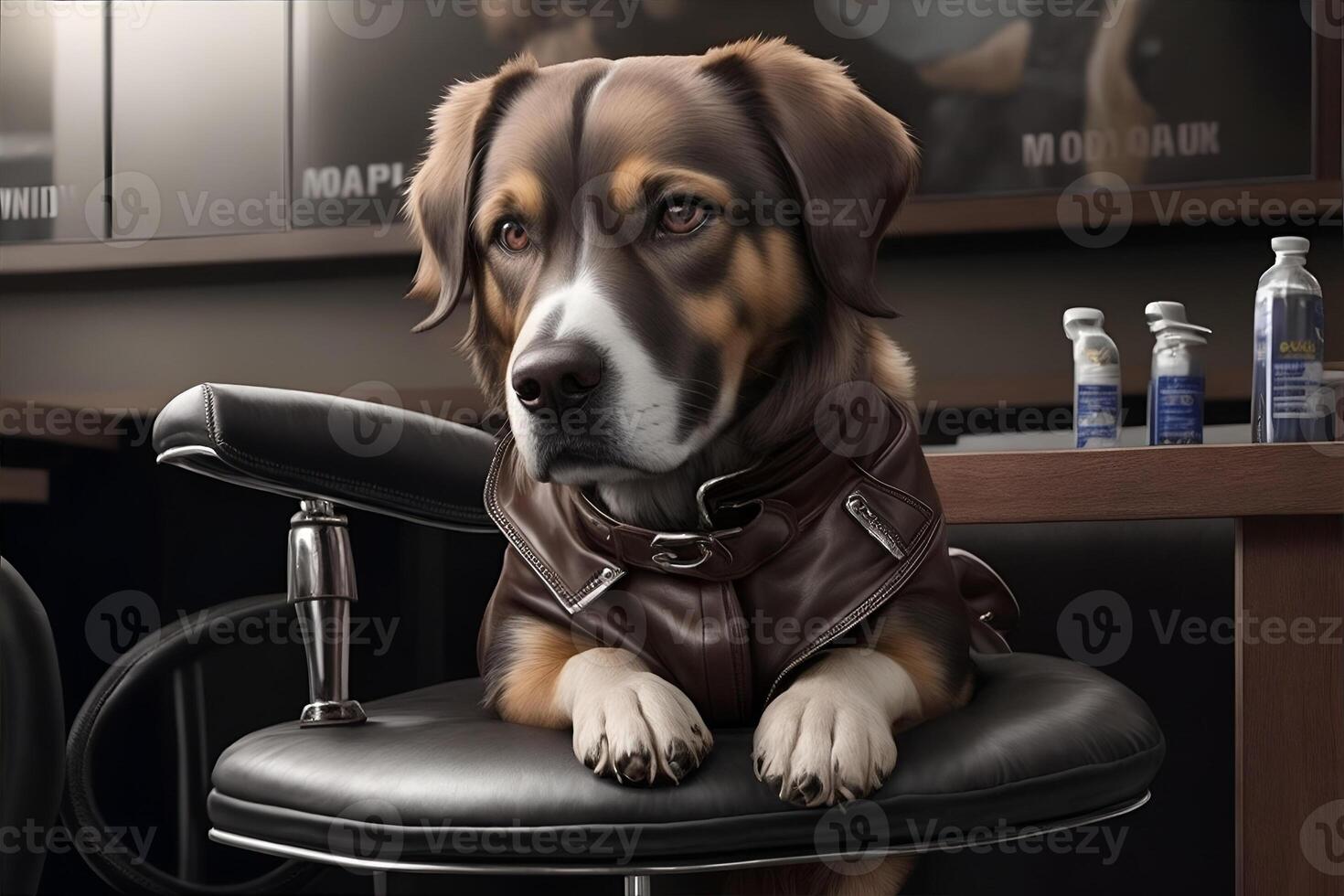 Dog dressed in a leather jacket sitting in a chair in barbershop. AI Generated photo