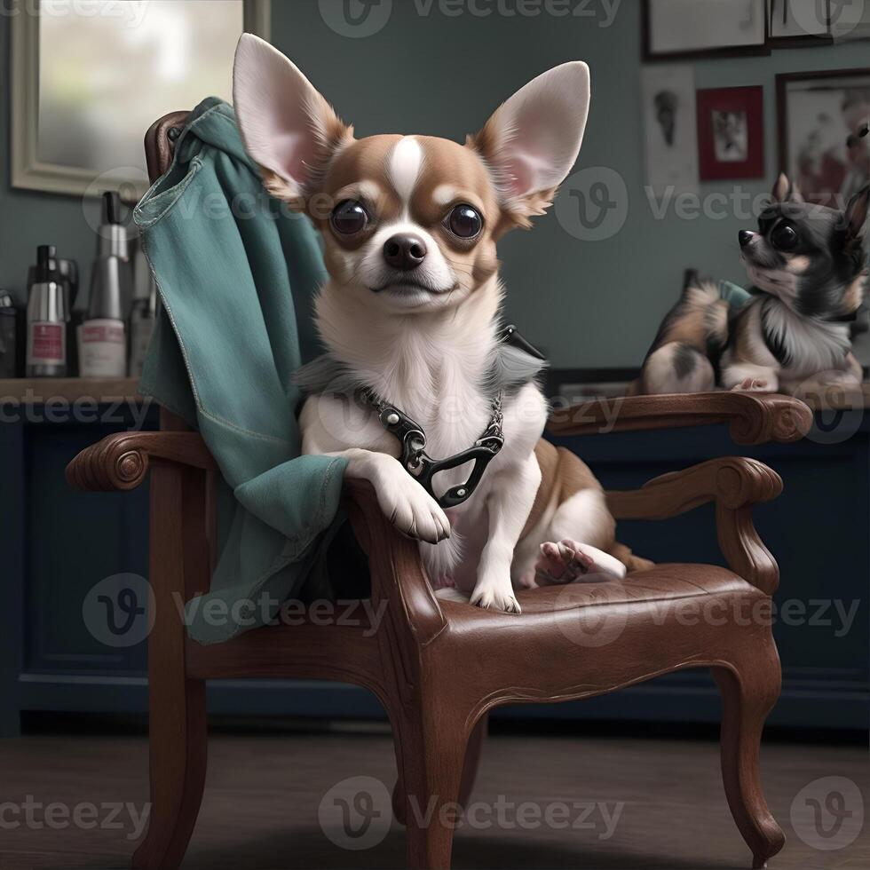 Dressed chihuahua dog sitting in a chair in a barbershop. AI Generated photo