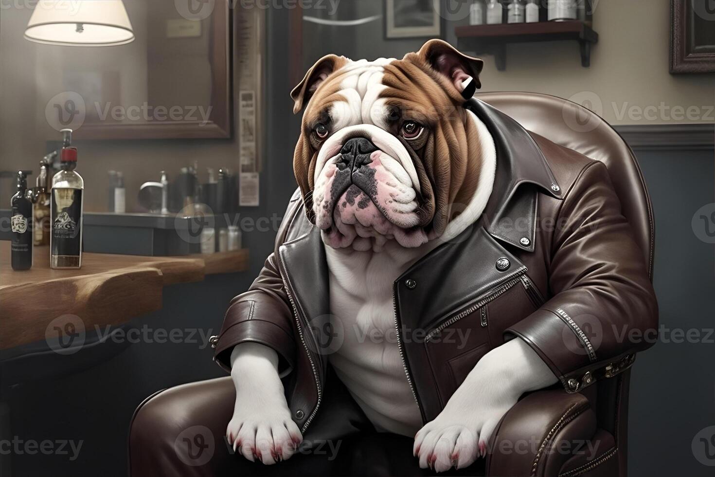 Bulldog dressed in a leather jacket sitting in a chair. photo
