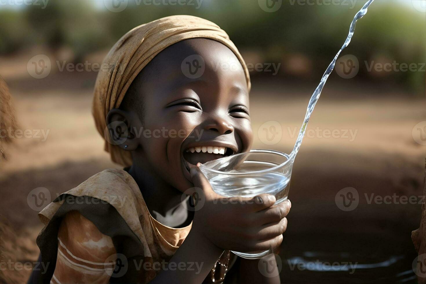 sequía carencia de agua problema riendo niño en África. ai generado foto