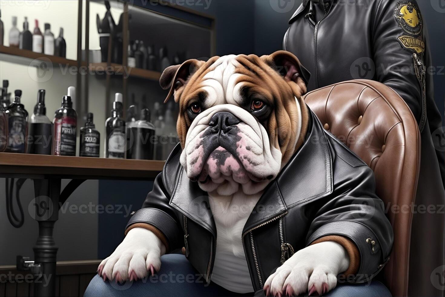 Bulldog dressed in a leather jacket sitting in a chair. photo