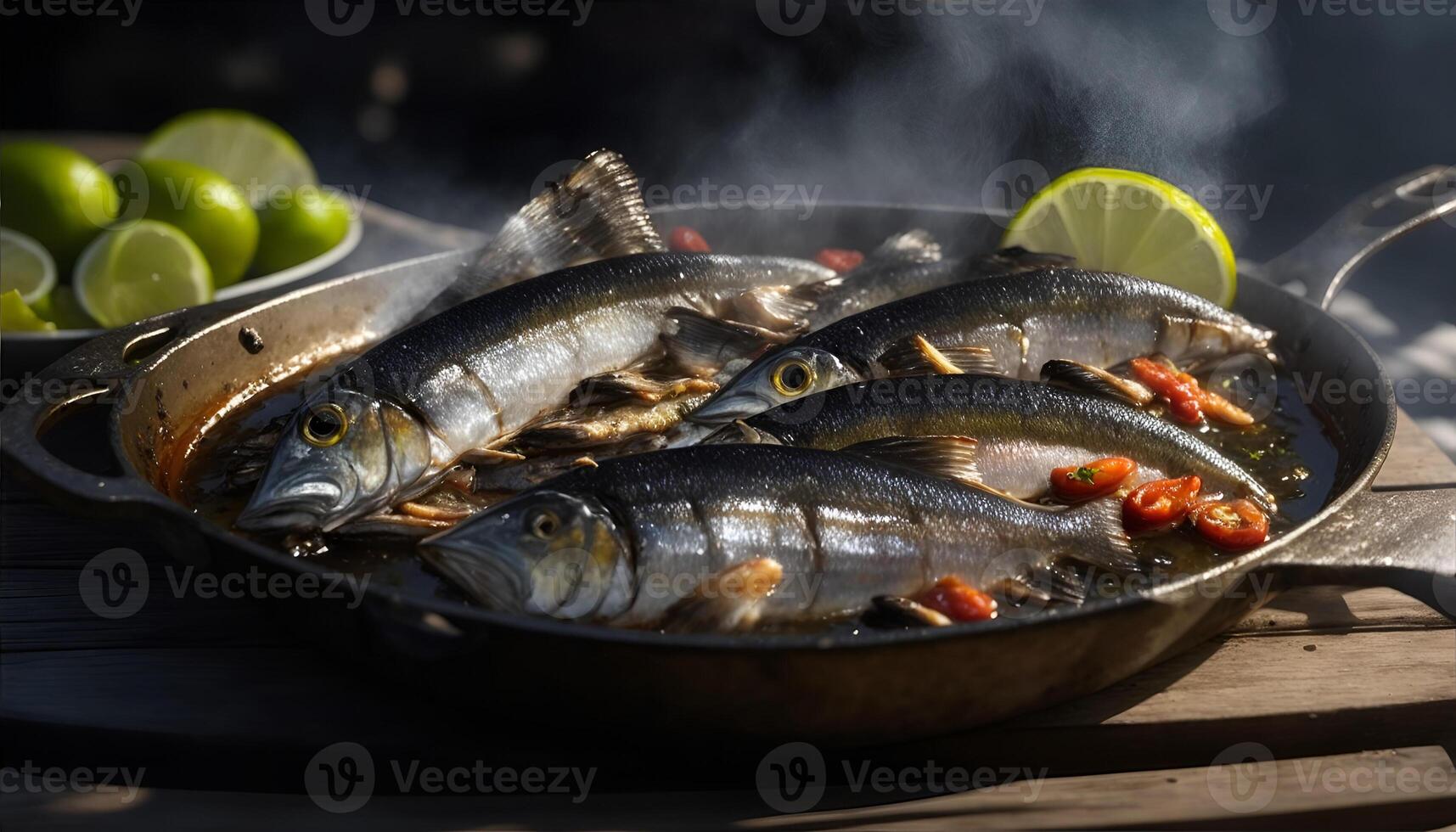 Grilled sardines with thyme chili and lime. AI Generated photo