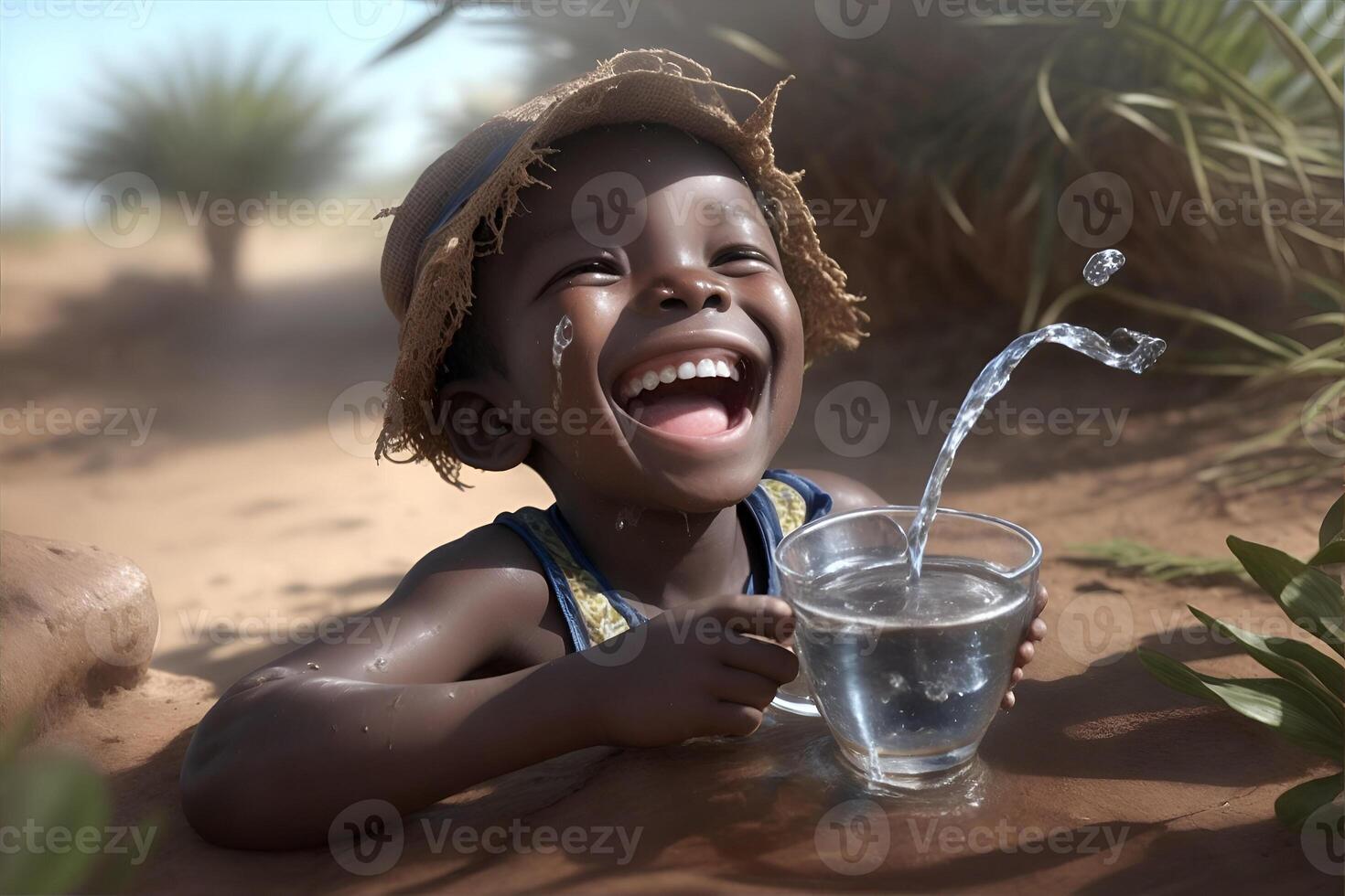 Drought lack of water problem Laughing child in Africa. AI Generated photo