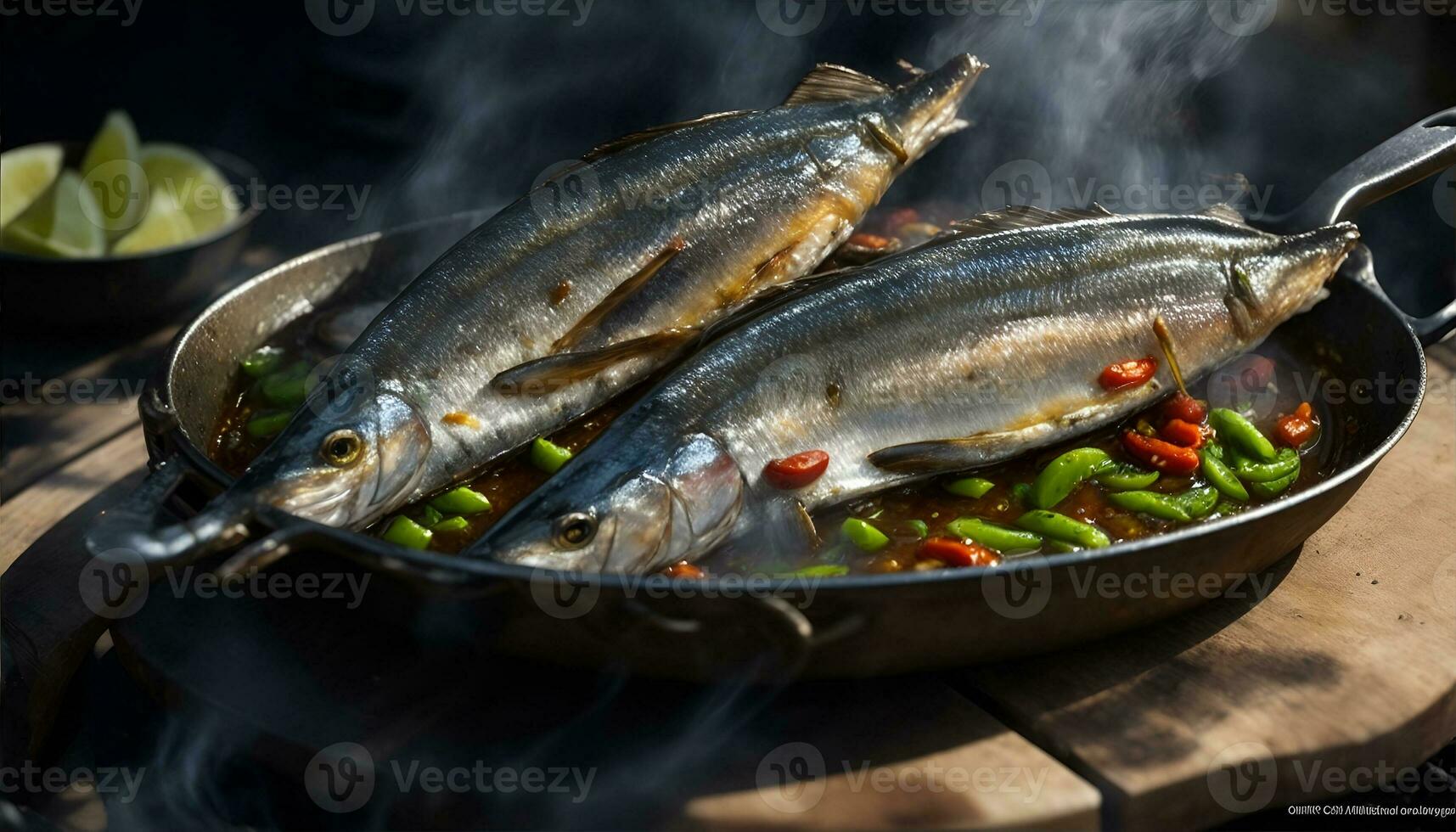 Grilled sardines with thyme chili and lime. AI Generated photo