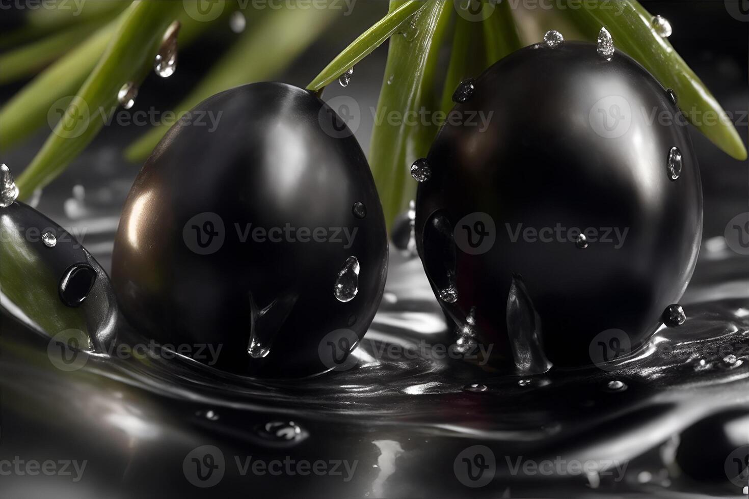 Photo closeup black olives with water drops. AI Generated